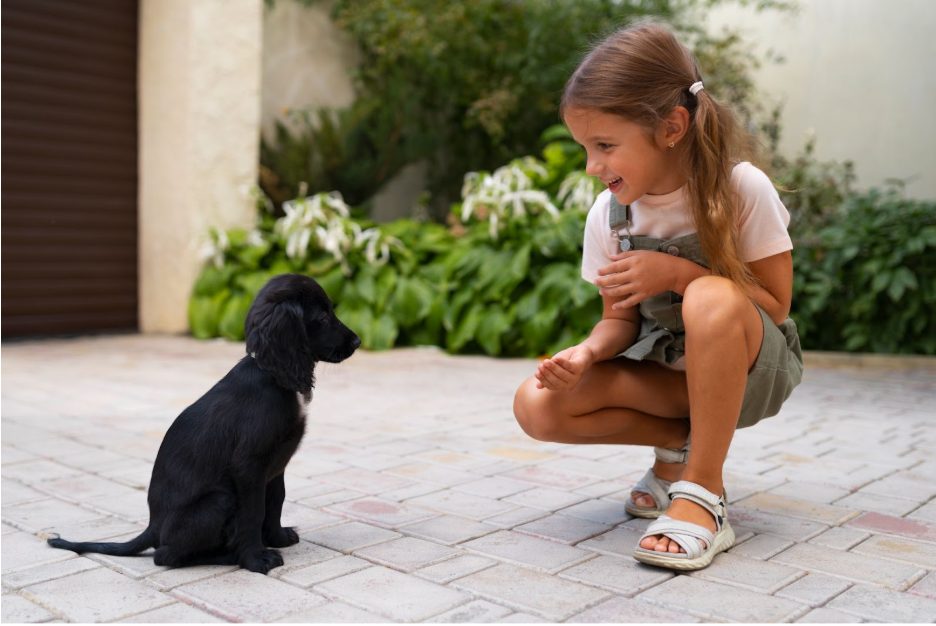 малко момиче с черно кученце