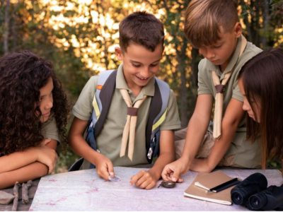 Група деца играят на "Лов за съкровища" навън